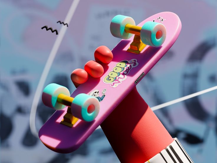 a pink skateboard with colorful wheels on it's end and some graffiti in the background