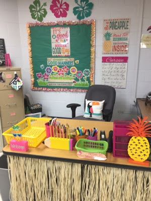 a desk with lots of school supplies on top of it in front of a chalkboard