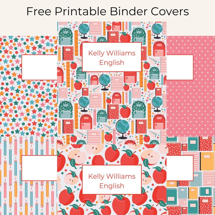 an apple themed printable binder covers with the words kelly williams english on them