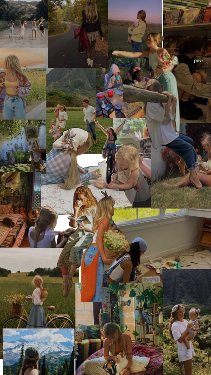 collage of people and animals in various scenes from the same time as they are having picnics