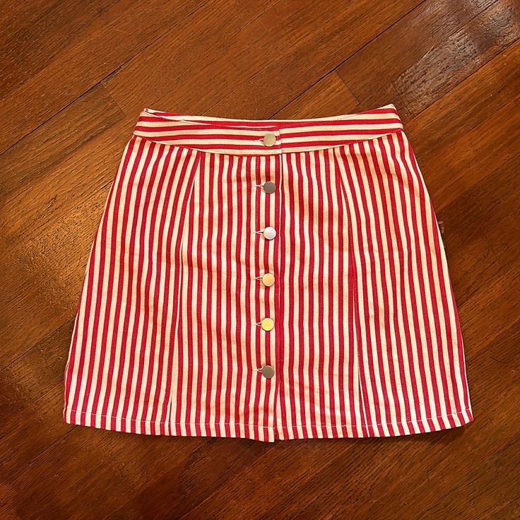 Purchased From Unique Vintage. Beautiful Skirt! Retro Red Summer Skirt, Red Summer Beach Skirt, Retro Red Mini Skirt For Summer, Retro Red Skort For Summer, Retro Red Summer Skort, Red High Waist Skirt For Summer, High Waist Red Skirt For Summer, Retro Striped Summer Skirt, Summer Retro Striped Skirt