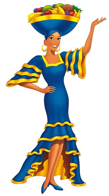 a woman wearing a blue and yellow dress with a large hat on top of her head