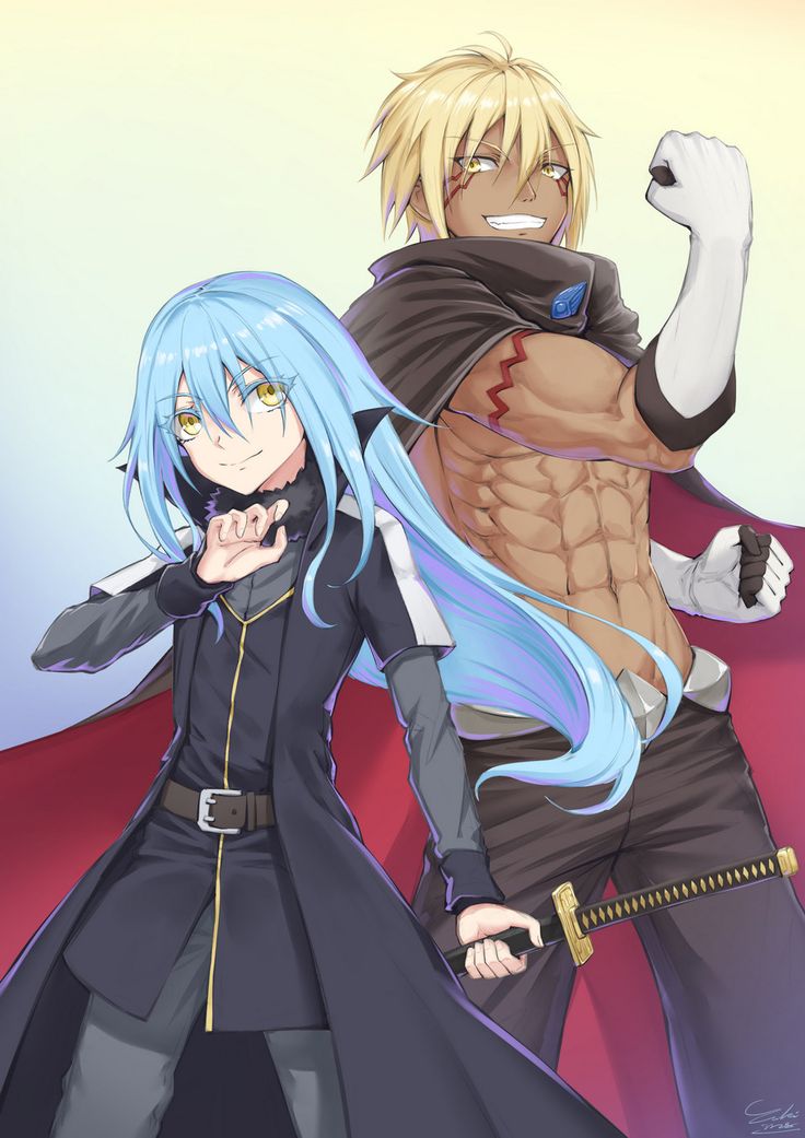 two anime characters one with blue hair and the other wearing black