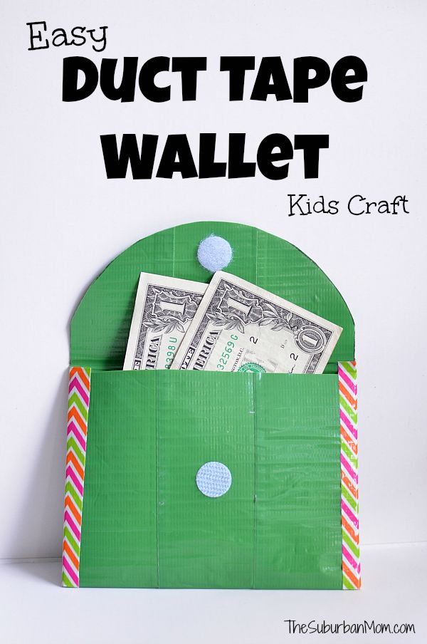 an easy diy duct tape wallet with money sticking out of it and the title overlay reads, easy duct tape wallet kids craft