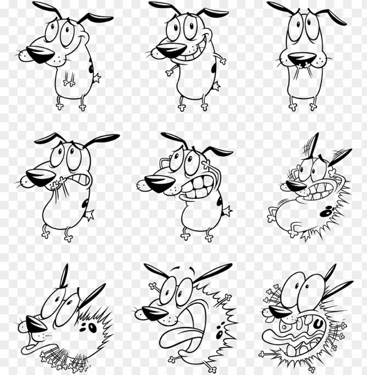 cartoon characters with different expressions on their faces, including an angry dog and other animals