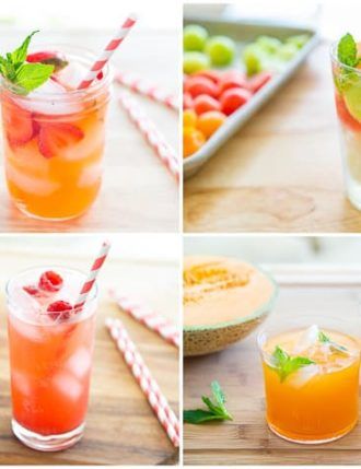 several shots of different drinks with strawberries and limes