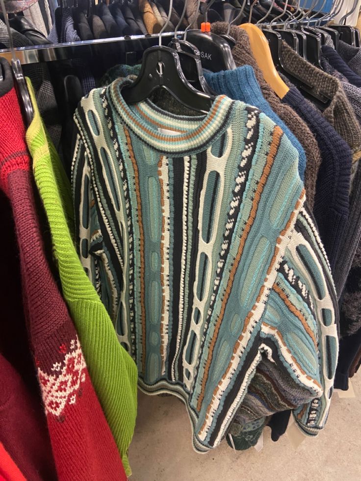 #thrifting #thriftstorefinds #grandpasweater #sweater thrift store aesthetic, grandpa sweater Colorful Grandpa Sweater, Thrifted Sweater Outfit, Grampa Sweater Outfits, Mens Sweater Aesthetic, Vintage Eclectic Outfits, Electric Grandpa Aesthetic, Funky Sweaters Outfit, Grandpa Fashion Aesthetic, Thrift Stores Aesthetic