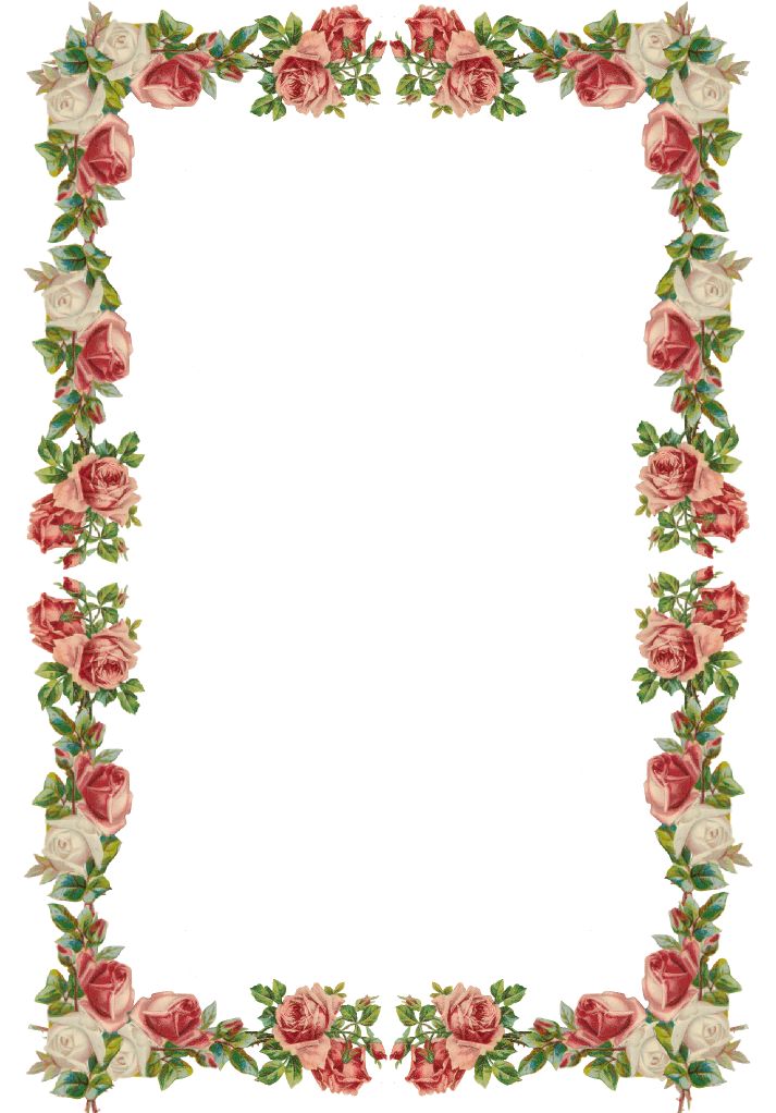 a floral frame with roses and leaves on the edges, all in red and white