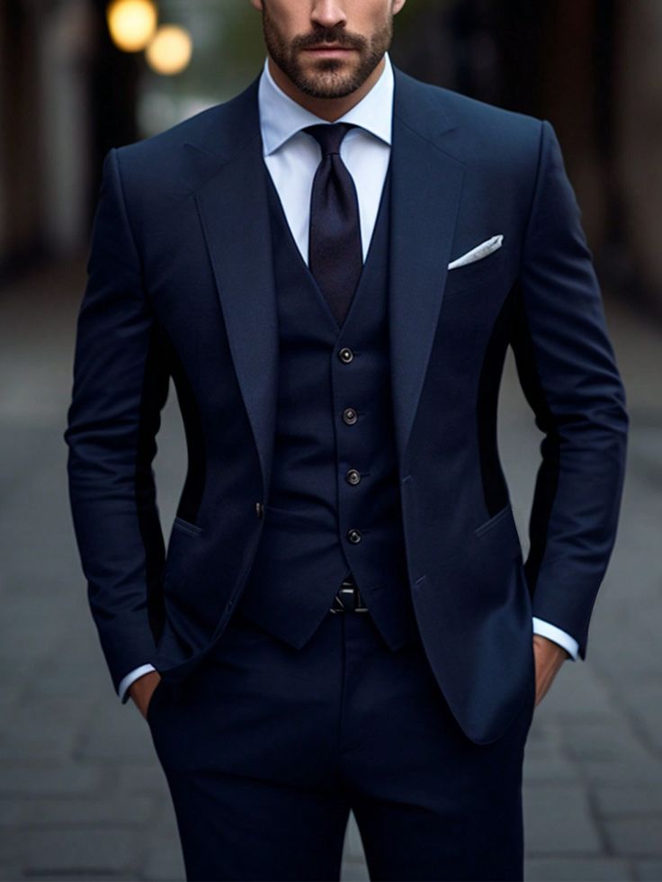 Navy Blue Work,Party Collar   Colorblock  Embellished Non-Stretch  Men Clothing Navy Blue Suit For Groom, Navy Blue Suits For Men Wedding, Navy Blue Suit Men Wedding, Dark Blue Suit Men, Navy Blue Suits For Men, Navy Fitted Suit, Navy Suit Outfit Men, Dark Blue Mens Suit, Navy Blue Wedding Suit