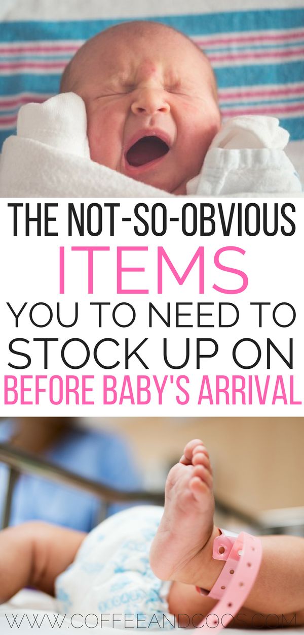 a baby laying on top of a bed with the caption, the not - so - obvious items you need to stock up on before baby's arrival