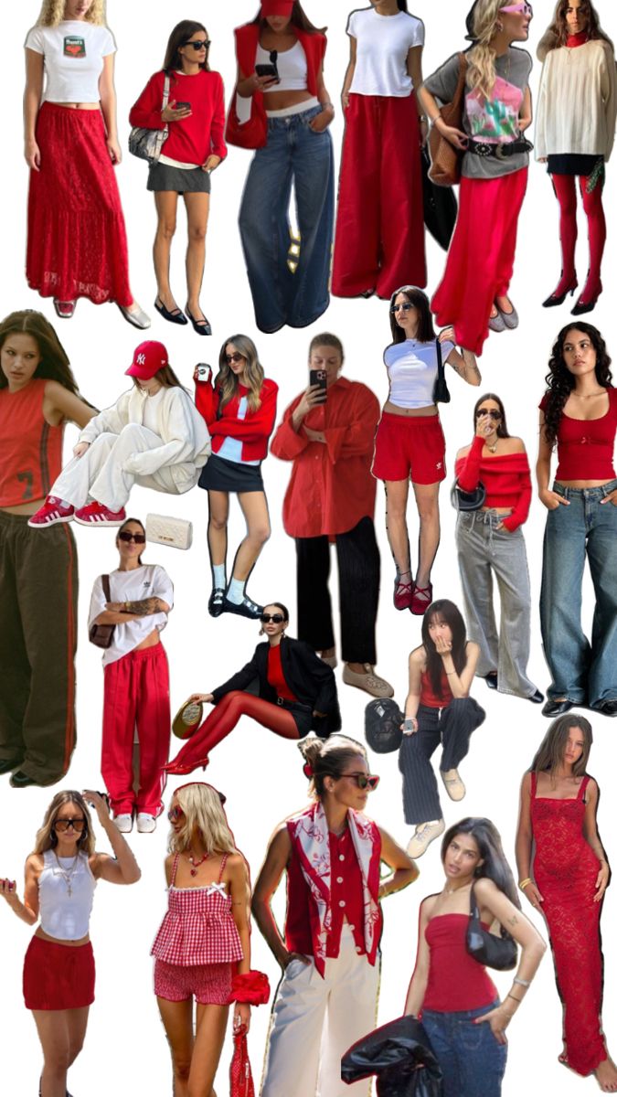 Red summer outfits Red Outfit Collage, Red Top Outfit Aesthetic, Red Outfit Summer, Colourful Outfits Aesthetic, Red Summer Outfits, Genz Fashion, Red Christmas Outfit, Red Ootd, Christmas Outfit Aesthetic