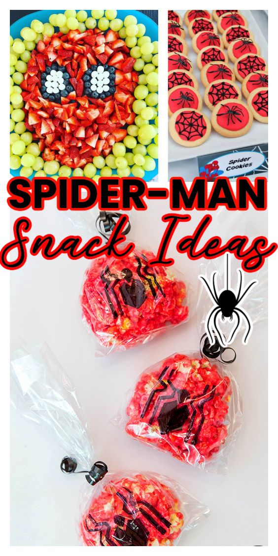 Collage of Spiderman Snack Ideas Spidey And His Amazing Friends Birthday Party Food, Spiderman Snack Ideas, Spiderman Themed Food Ideas, Spiderman Appetizers, Spidey Party Food Ideas, Spidey And His Amazing Friends Birthday Party Food Ideas, Spider Man Birthday Party Snacks, Spider Man Birthday Theme Ideas, Spidey Themed Food