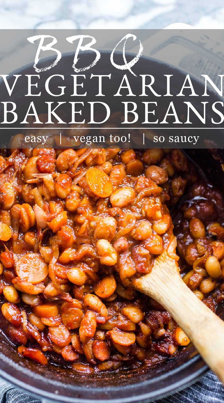 baked beans in a pot with text overlay that reads bbq vegetarian baked beans