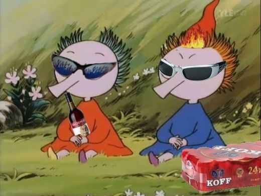 two cartoon characters sitting in the grass with an ice cream box next to them,