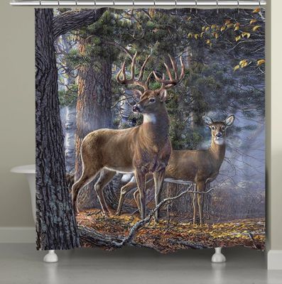 two deer standing next to each other in the woods shower curtain set size 75 h x 69 w