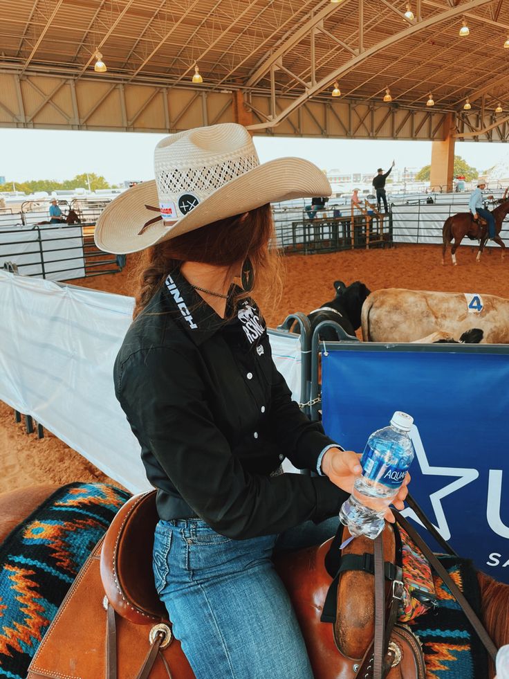 a woman sitting on top of a brown horse next to a blue sign and cow