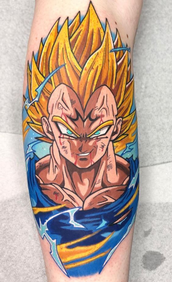 a man's leg with a dragon tattoo on it and an image of the character gohan