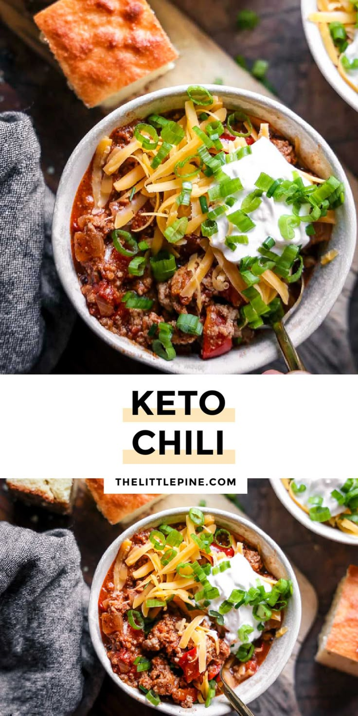 keto chili with cheese and sour cream in a white bowl on a wooden table