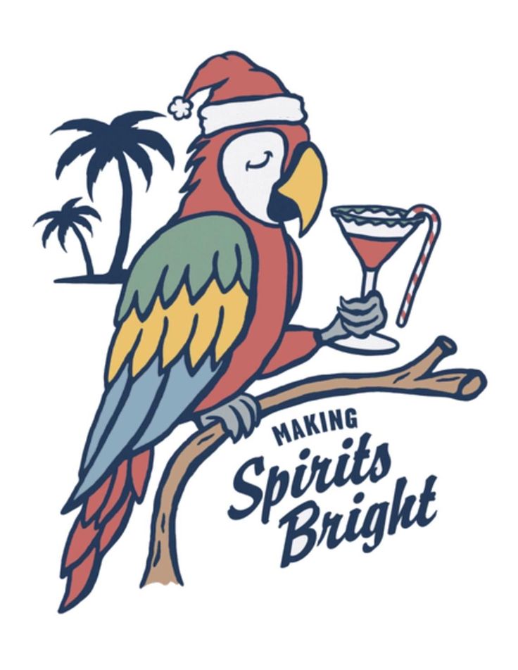 a parrot sitting on top of a tree next to a glass of wine with the words making spirits bright