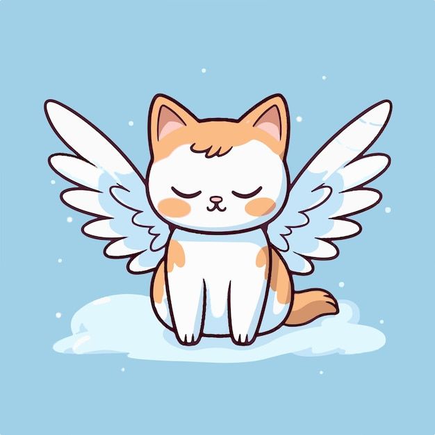 a cat with angel wings sitting on top of a pile of snow in front of a blue background