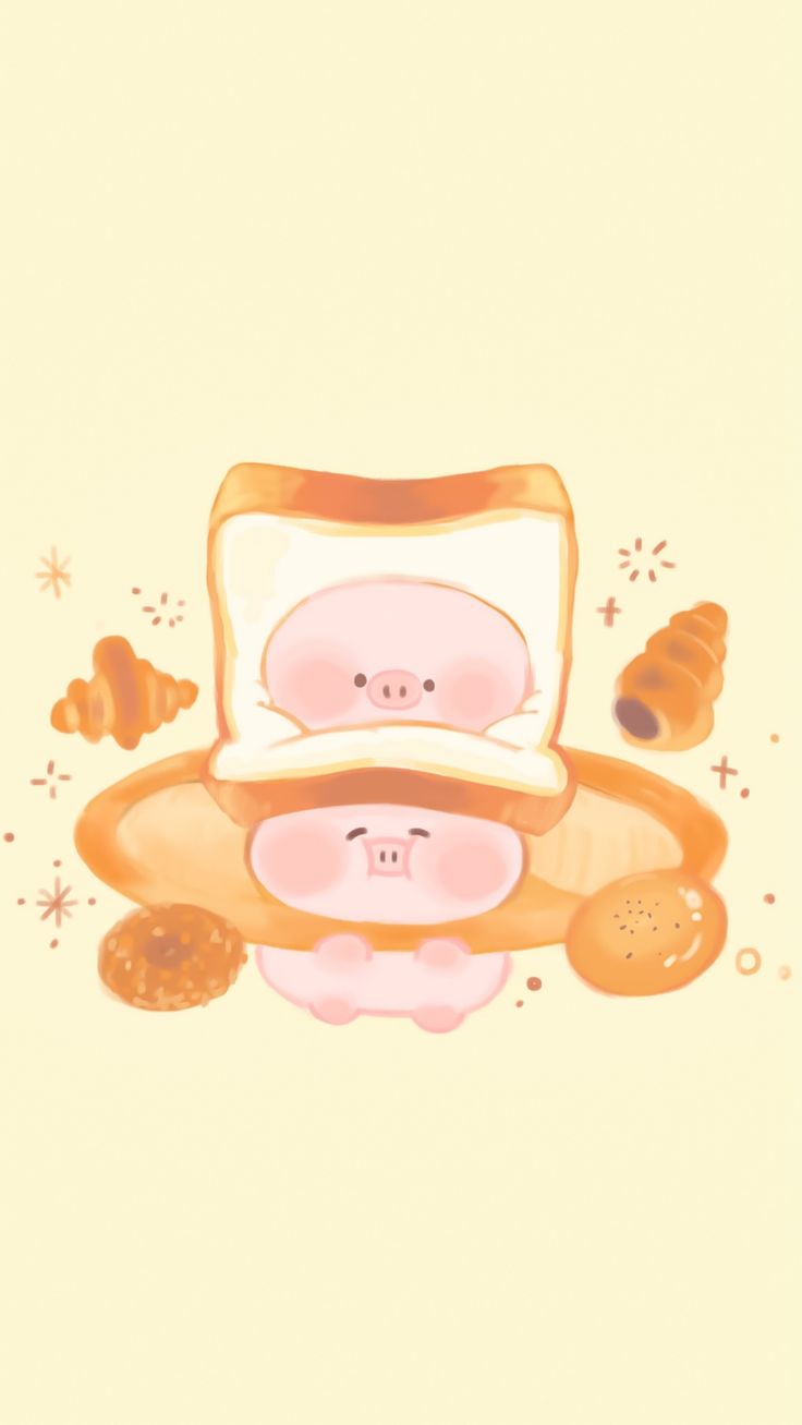 a cartoon pig is sitting in the middle of some bread and honeys on top of it