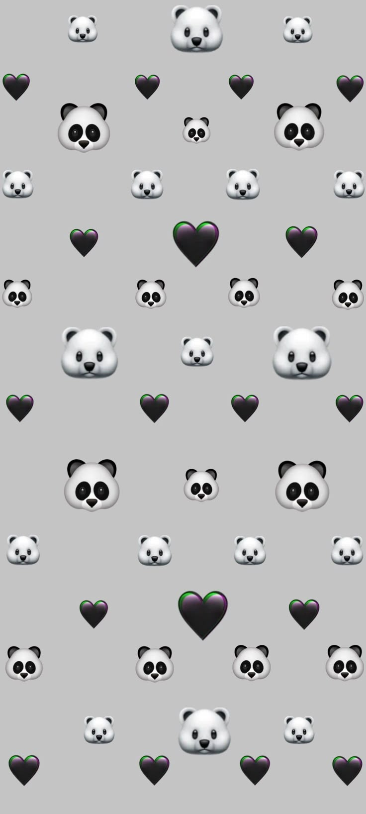 panda bears with hearts on a gray background