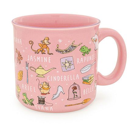 a pink coffee mug with pictures of animals and other things on the inside of it