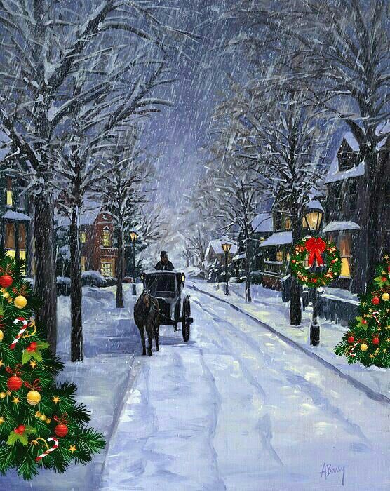 a painting of a horse drawn carriage on a snowy street