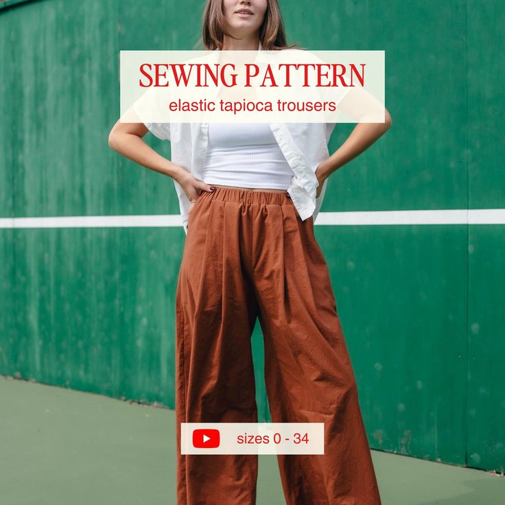 a woman standing on a tennis court holding a sign that reads sewing pattern elastic trousers