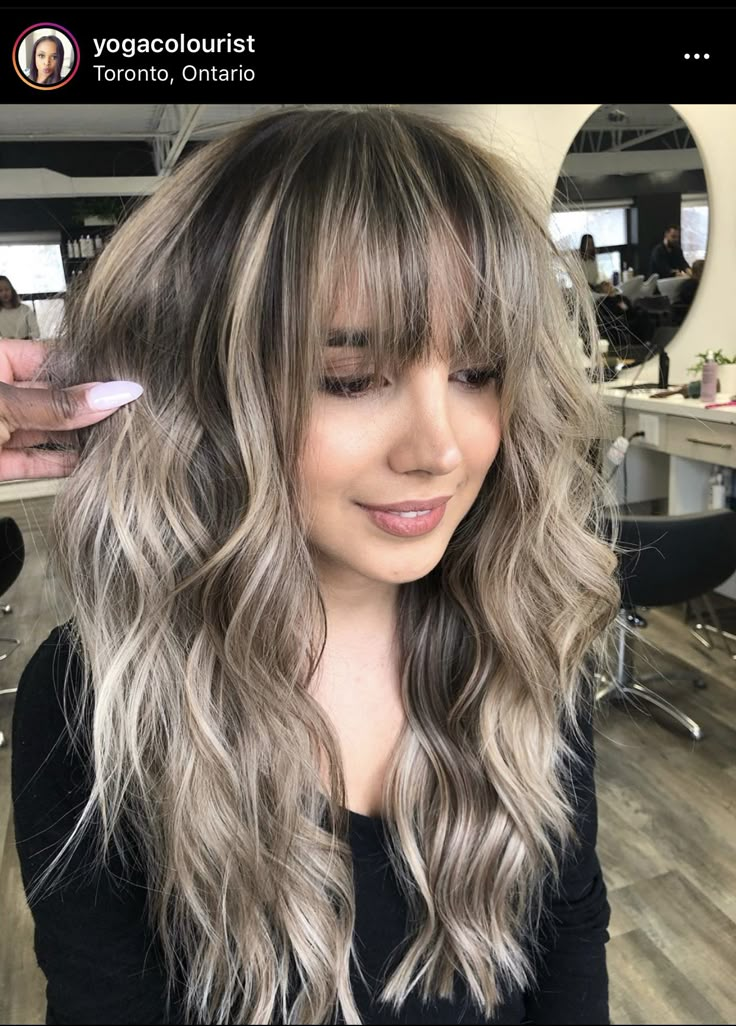 Long Shag Haircut With Highlights, Platinum Blonde Brunette, Medium Piece Tattoo, Highlights With Bangs Brown, Light Brown Balayage With Bangs, Side Bangs With Money Piece, Mushroom Hair With Money Piece, Brown Hair Blonde Highlights With Bangs, Naturally Wavy Long Bob