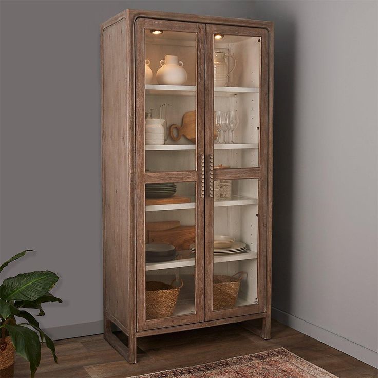 a wooden cabinet with glass doors on the top and bottom, next to a potted plant