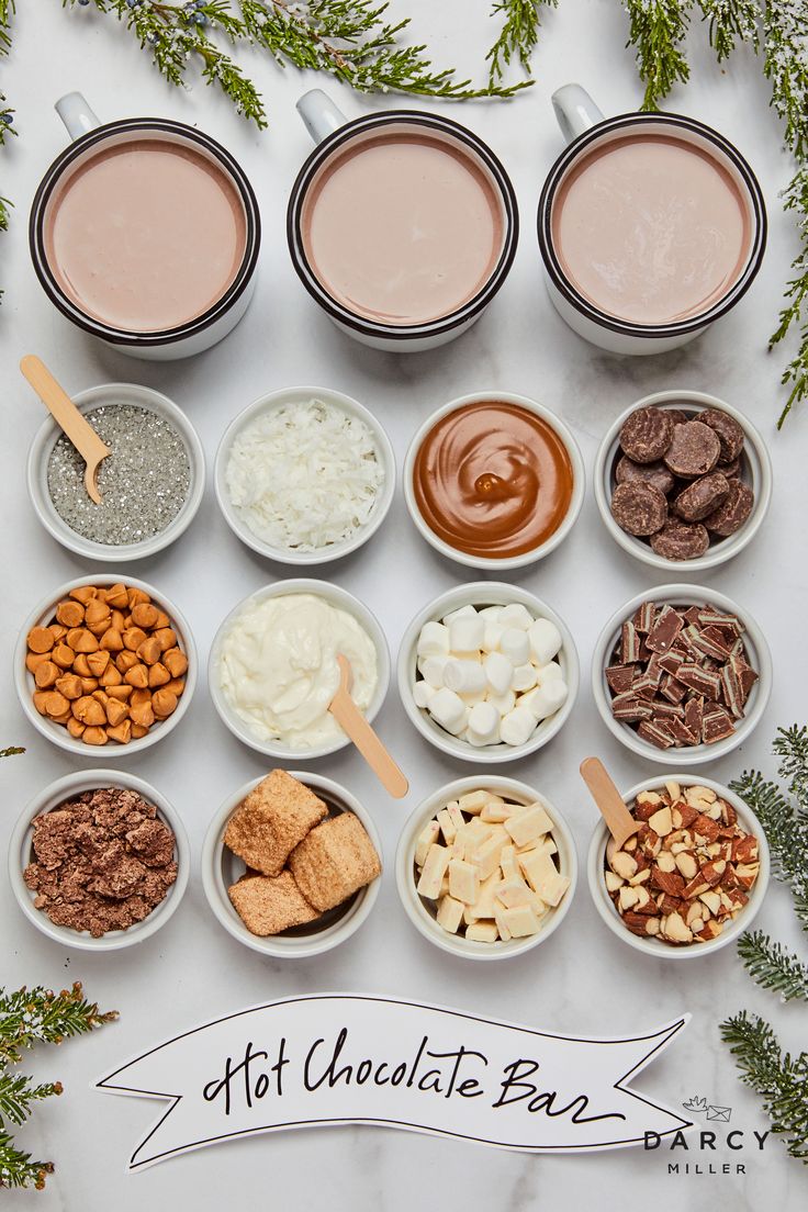 the ingredients for hot chocolate are arranged in bowls