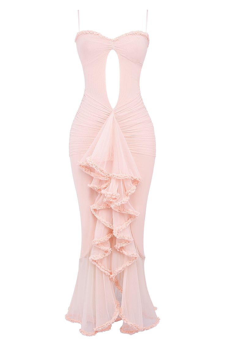 Unique Hoco Dresses Long, Pink Fitted Gown With Sheer Details, Pink Fitted Sheer Gown, Pink Sheer Floor-length Evening Dress, Pink Floor-length Evening Dress With Sheer Details, Pink Floor-length Sheer Evening Dress, Pink Sheer Evening Dress For Gala, Fitted Peach Evening Gown, Borthday Dress