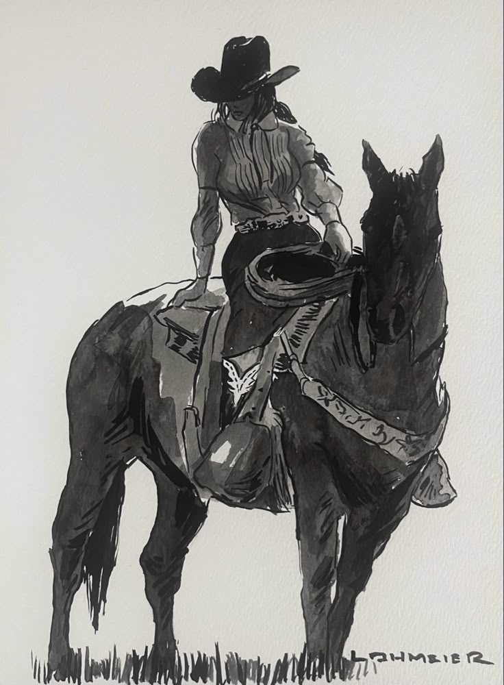 a black and white drawing of a cowboy on a horse