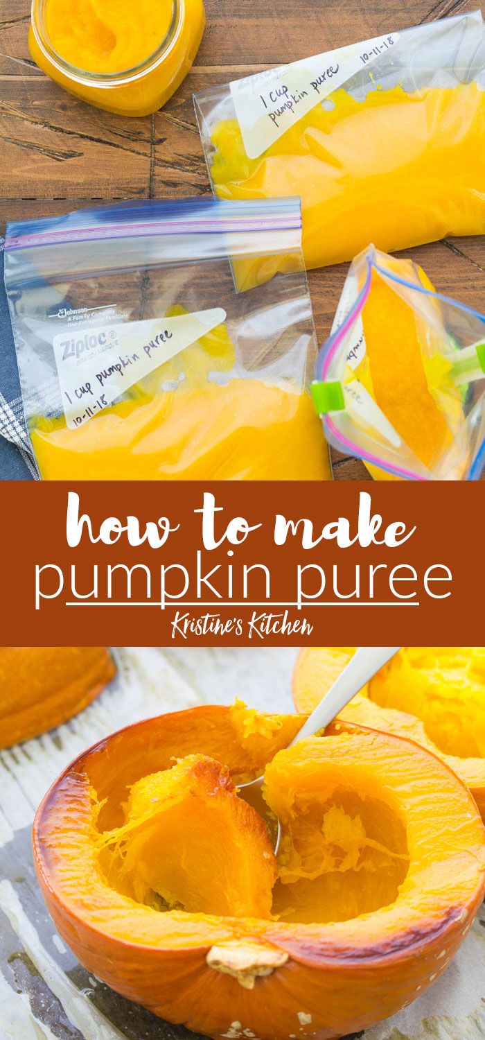 an easy homemade pumpkin puree recipe in a plastic bag with the text overlay