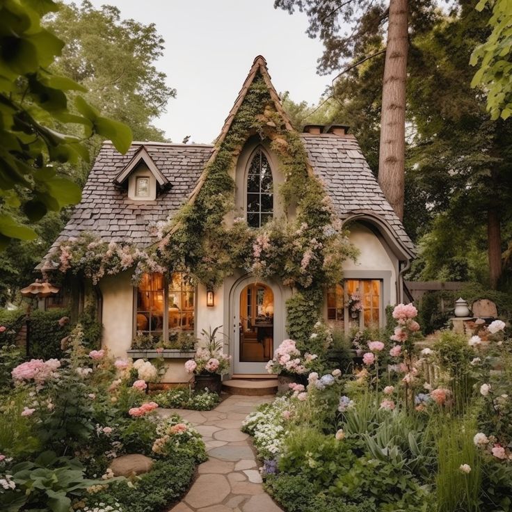 a small house with lots of flowers and plants around the front door is surrounded by greenery