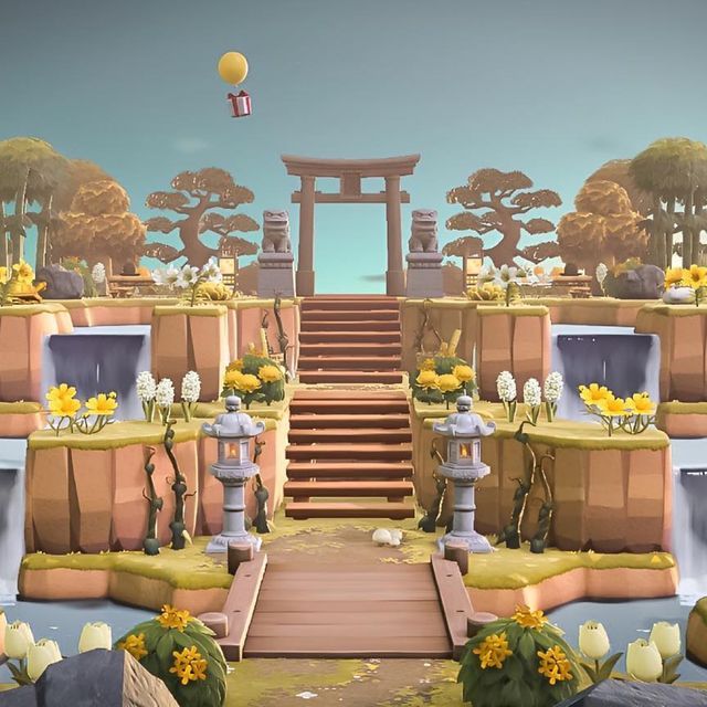 an animated scene with stairs, steps and flowers