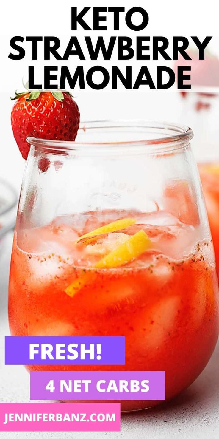 strawberry lemonade in a glass jar with the text keto strawberry lemonade fresh 4 net cards