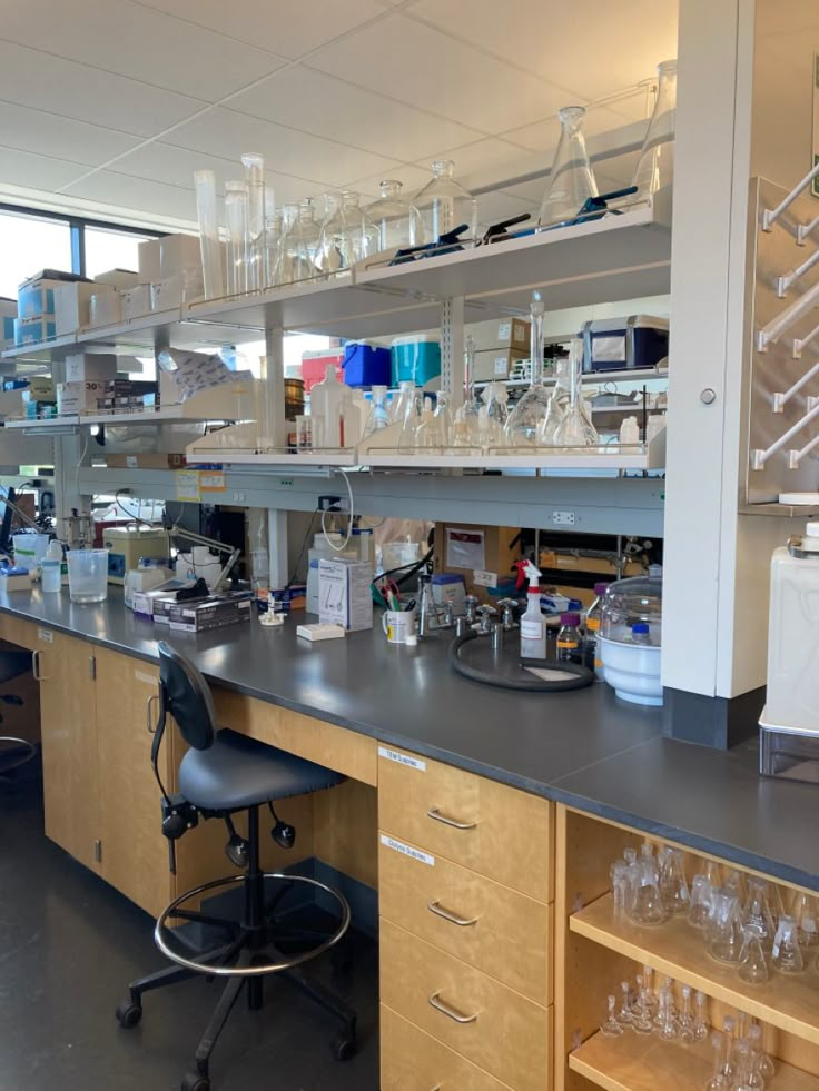 a lab filled with lots of glassware and bottles