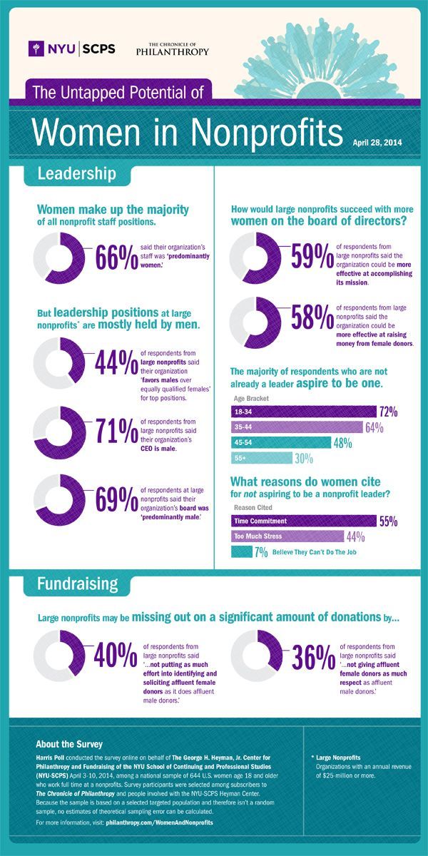 a blue and white poster with information about women in nonprofits