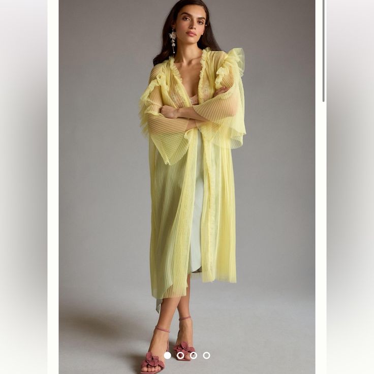 Sheer Pleated Duster * Polyester * Open Front * Hand Wash * Imported Measurements Bust: Fits Most Length: Approximately 48” B-4sl Grey Suede Jacket, Sheer Duster, Half Sleeve Cardigan, Duster Kimono, Floral Duster, Yellow Fits, Anthropologie Uk, Bohemian Blouses, Anthropologie Jacket