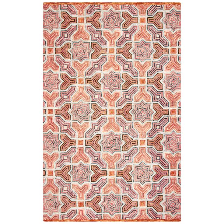 an orange and pink rug with geometric designs on the bottom, in different colors to match