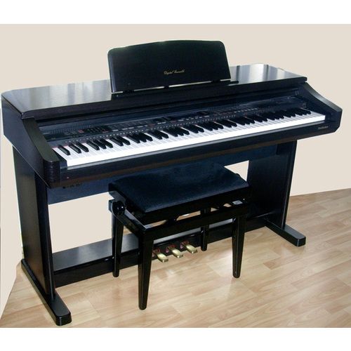 a black piano sitting on top of a hard wood floor next to a bench and stool