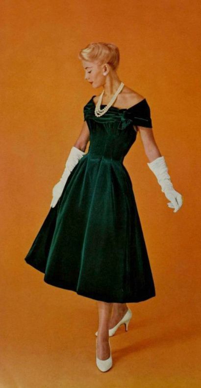 1956 Balmain | vintage 50s dress | 1950s green velvet evening gown Green Vintage Dress 1950s, Vintage Green Dress 1950s Style, 1950 Evening Gowns, 1950s Green Dress, Vintage Evening Gowns 1950s, 50s Evening Dress, 1950s High Fashion, 1950s Dresses Formal, 50s Dresses Formal