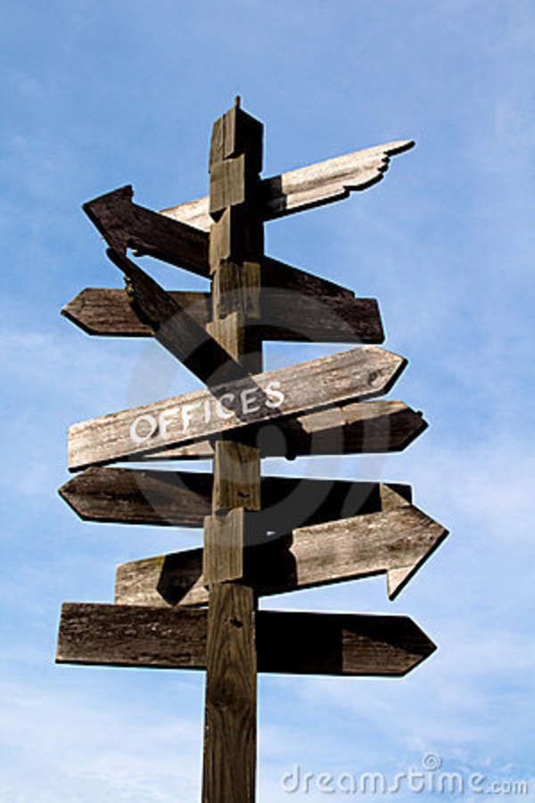 an old wooden sign pointing in different directions against a blue sky with wispy clouds