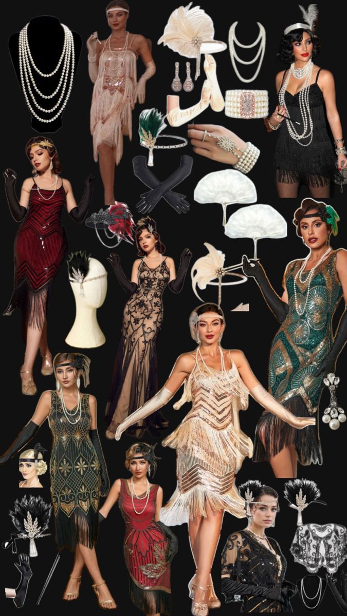 a collage of women dressed in flappers, gats and dress up clothes