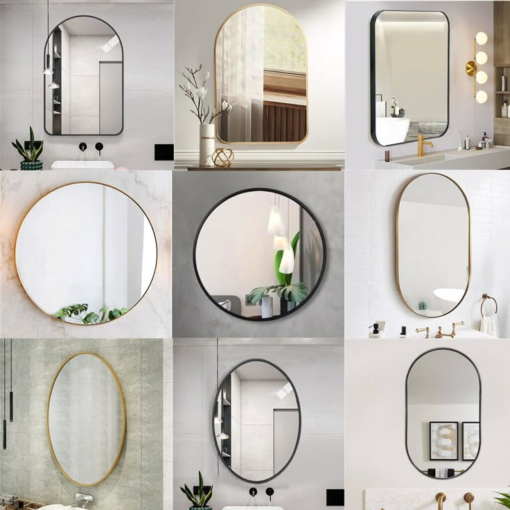 various mirrors and sinks are arranged in the same room, each with different shapes and sizes