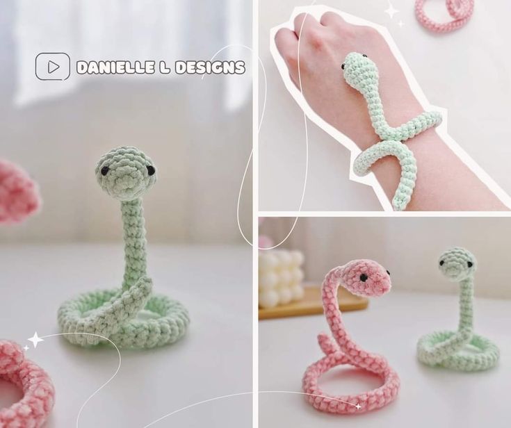 crocheted snake bracelets are shown in three different ways, including pink and green