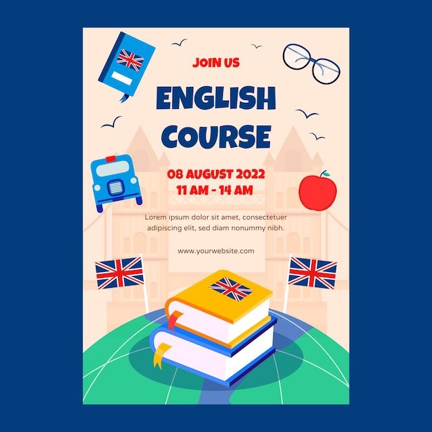 an english course poster with books and glasses