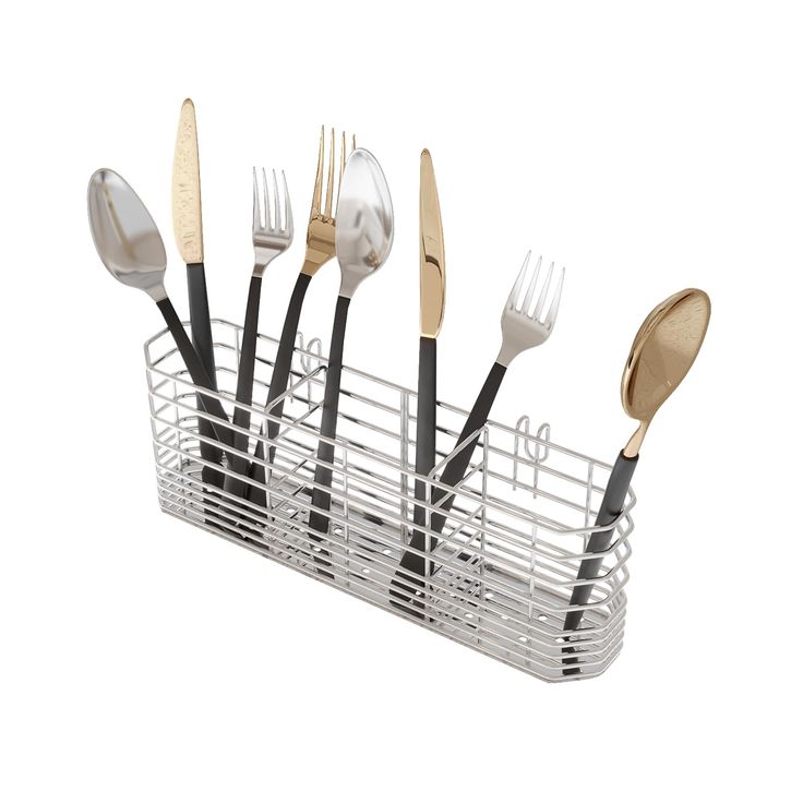 a metal basket with spoons and forks in it on a white background, isolated against a white backdrop